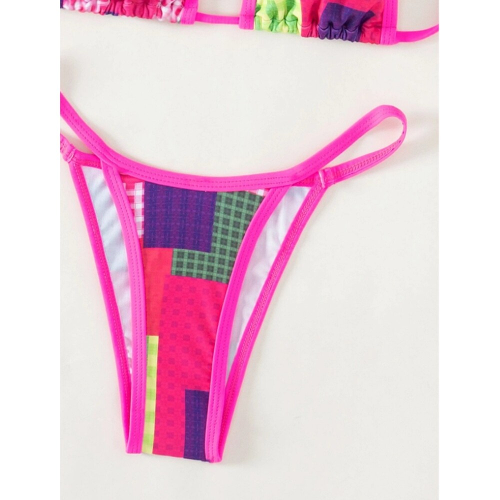 Medium Pink Patchwork Stretch Wireless Halter Tri… - image 5